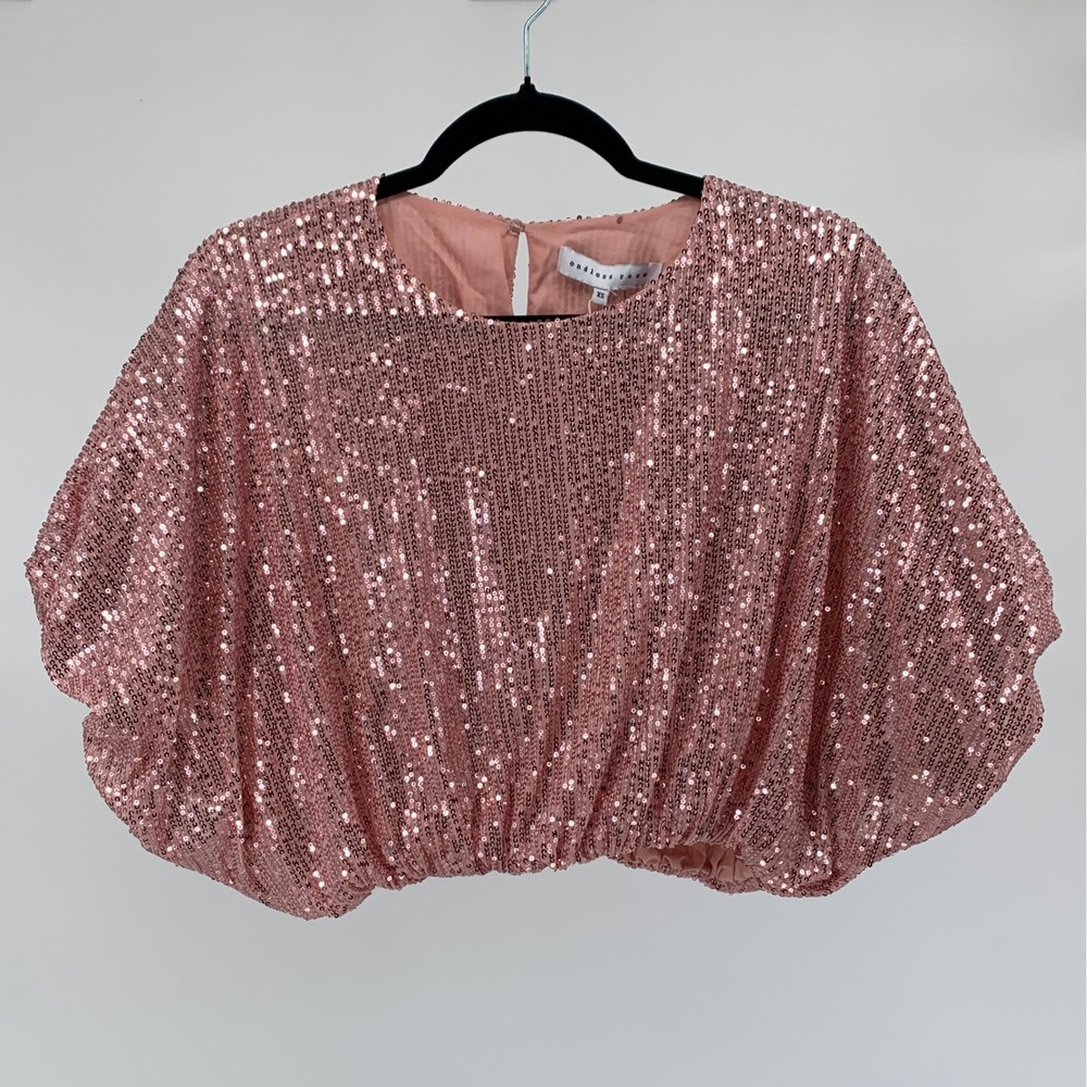 Endless Rose sz XS Pink Sequins Cropped Puff Top JJ897T NWT